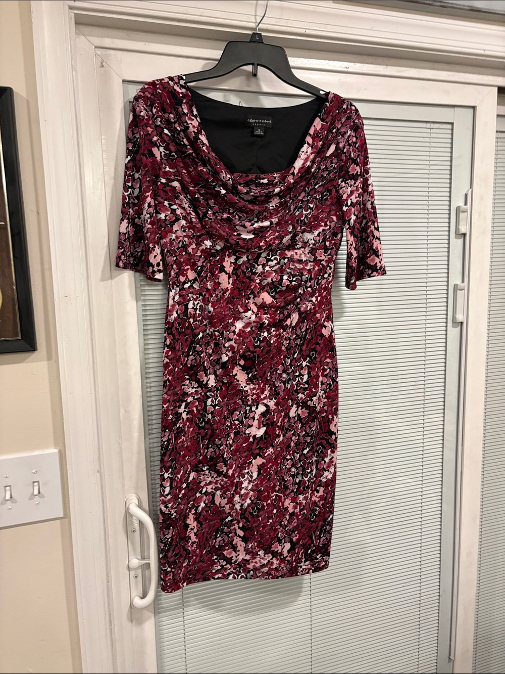 connected apparel Magenta Black and White Floral Cowl Midi Dress